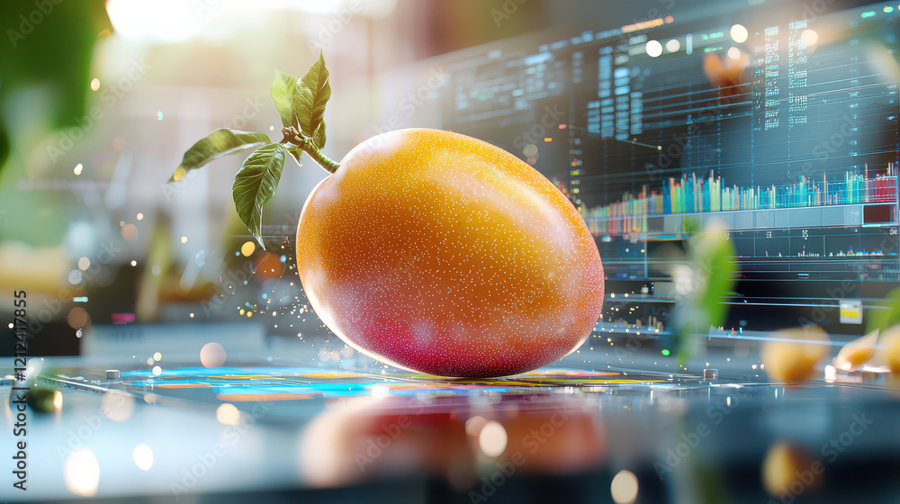 Poster 3d digital model of ripe mango with leaf, surrounded by data visualizations and graphs, creating vib