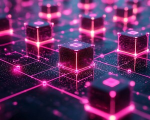 Fototapeta premium Glowing pink cubes connected on a digital network.