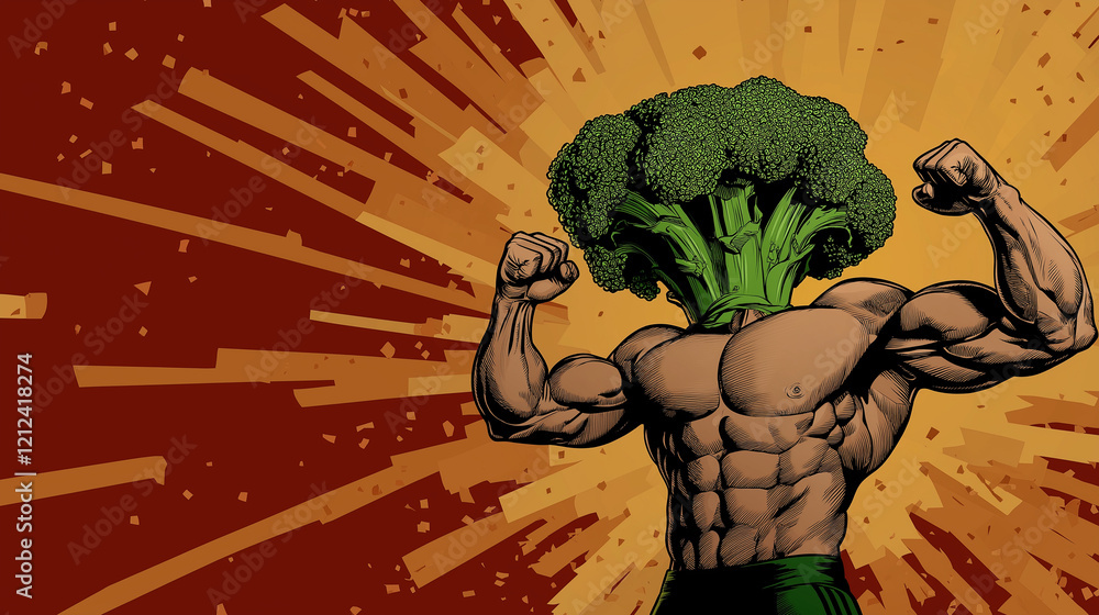 Poster a powerful pop art depiction of a strong figure flexing biceps while holding a vibrant green broccol