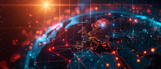 A background with a global network and a world map, perfect for presentations about technology and globalisation.