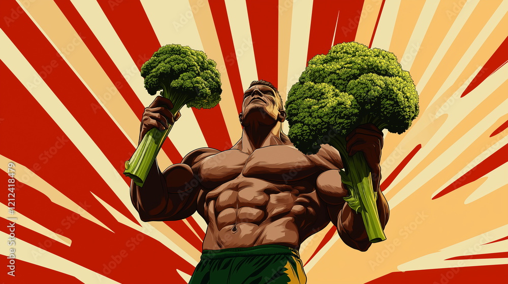Poster a dynamic pop art image of a muscular figure with broccoli in hand, posed heroically against a backd