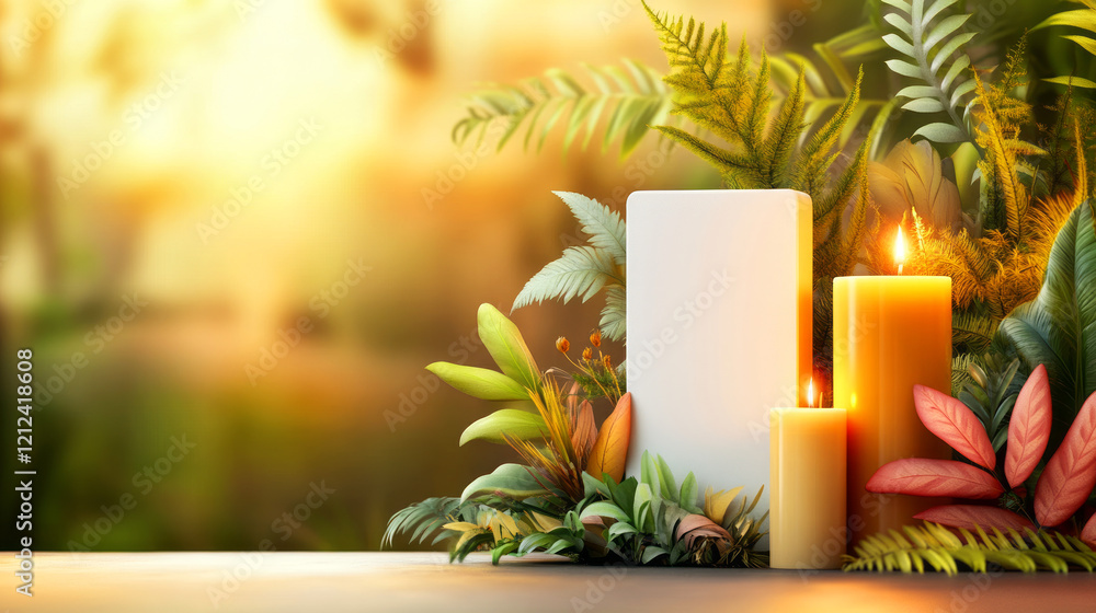 Aufkleber serenity in nature with lit candles and blank space for text or design elements