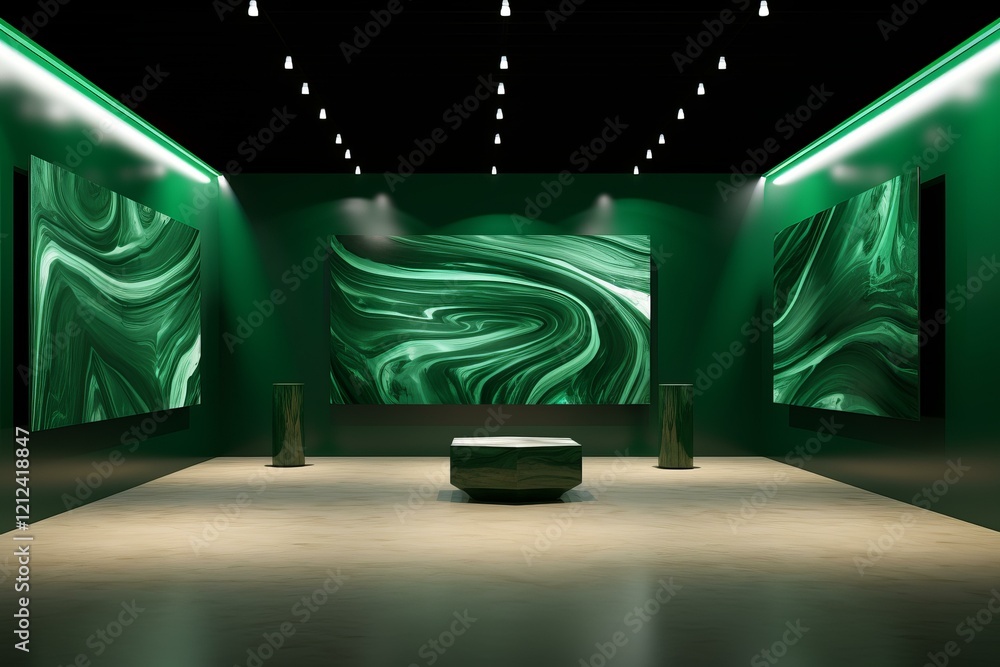 Poster contemporary art gallery showing large green artwork with a central display table, illuminated by sp