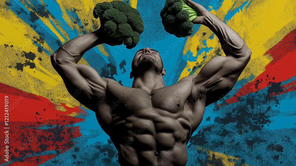 Poster a dynamic pop art visual of a muscular figure tossing broccoli into the air, framed by colorful half