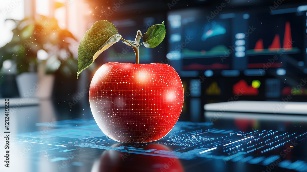 Fototapete 3D digital model of red apple with leaves, surrounded by advanced technology and data visualization elements, symbolizes innovation and nature