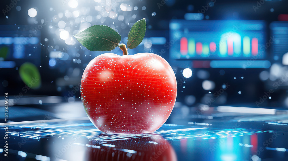 Aufkleber 3D digital model of red apple surrounded by advanced technology, showcasing blend of nature and innovation. vibrant colors and futuristic background create captivating visual experience