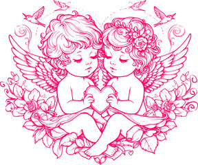 Angel and Cupid with Heart Illustration for Valentine's Day