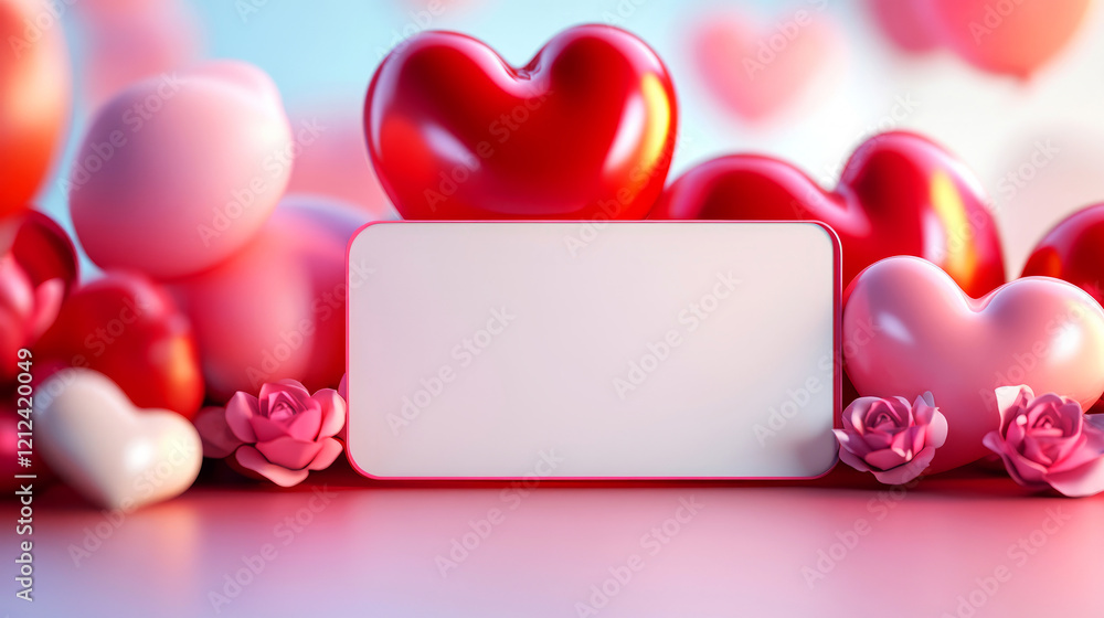 Poster colorful heart balloons and roses with blank space for custom message in a romantic setting