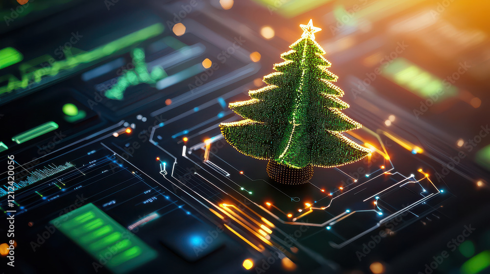 Poster 3D model of Christmas tree displayed on digital interface, showcasing vibrant colors and intricate details, evokes festive and modern atmosphere