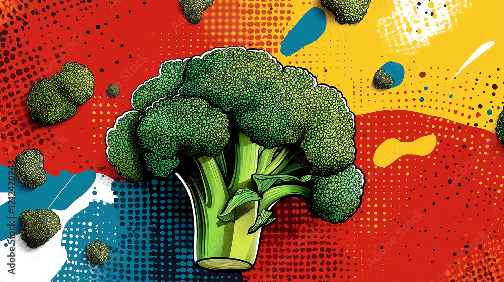 Poster a funky pop art design with broccoli placed at the center, surrounded by abstract shapes and vibrant