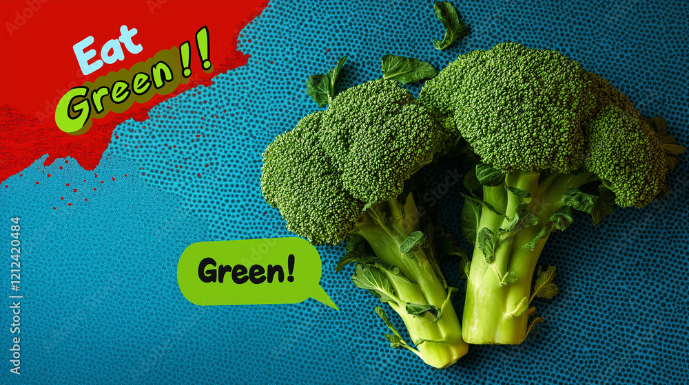 Poster a playful and bold pop art image of broccoli, its texture enhanced with halftone dots, surrounded by