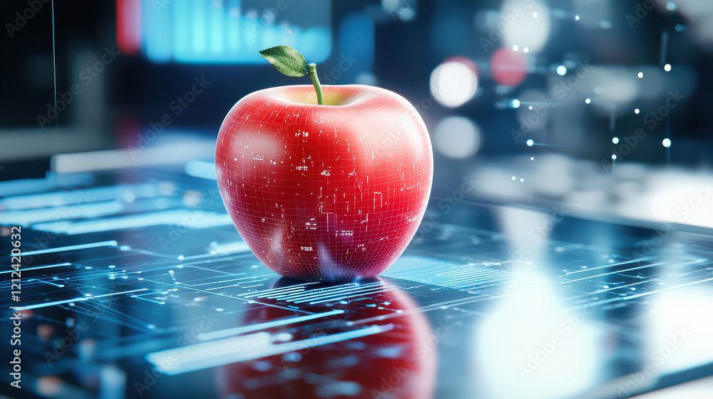 Fototapete 3D model of red apple on futuristic analytics table, showcasing digital data and technology. scene conveys innovation and modernity in tech driven environment