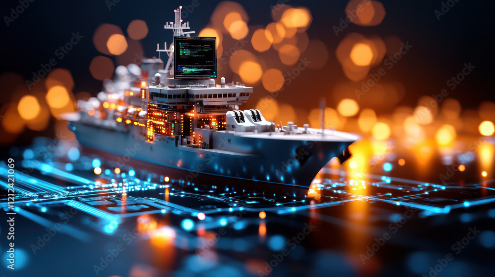 Poster 3D rendering of futuristic ship integrated with advanced technology, featuring glowing lights and digital interface, set against vibrant background