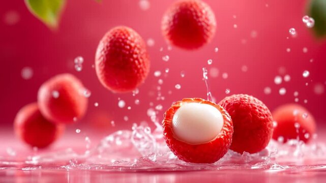 Close-up image of lychees falling into water