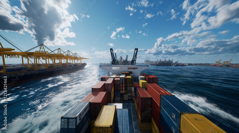 Poster a container ship at port with cranes extending over its deck, their mechanical arms moving colorful 
