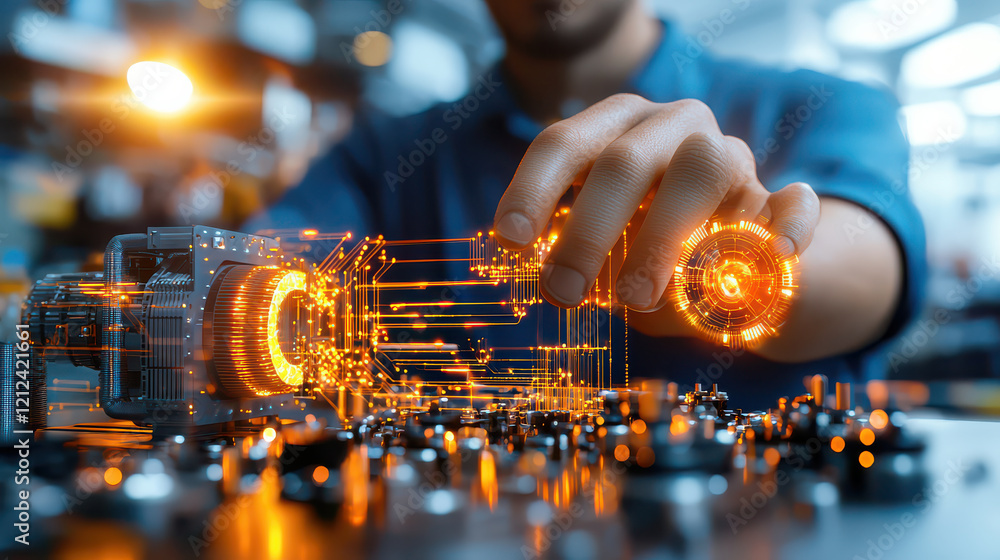 Poster Industrial model with digital integration, showcasing technology and innovation. image captures hand interacting with futuristic device, symbolizing advanced engineering and creativity
