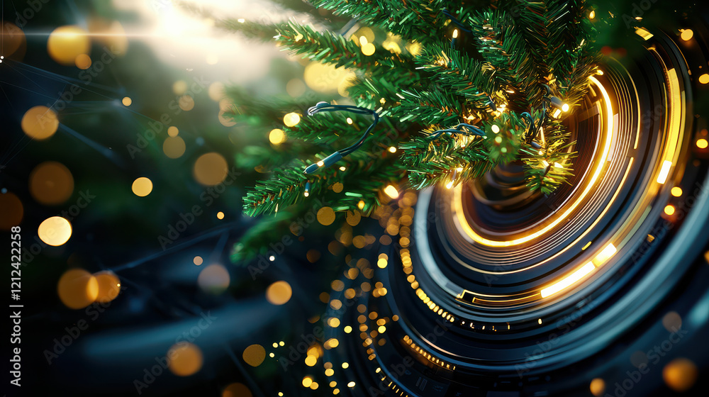 Aufkleber close up of Christmas tree adorned with soft lights and shimmering ornaments, creating warm and festive atmosphere. vibrant colors and glowing elements enhance holiday spirit