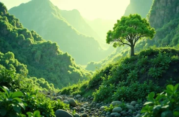 Gardinen Lush green valley with a serene river winding through hills and mountains, featuring vibrant trees and glowing sunlight, creating a peaceful and idyllic natural landscape © Алена Ваторина