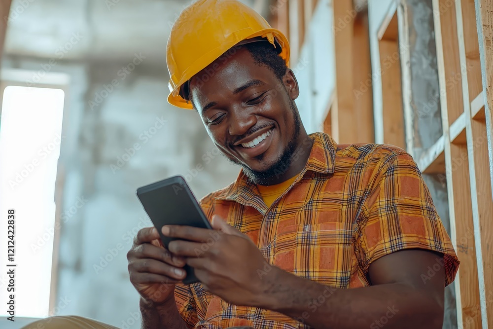 Poster smiling manual worker texting on cell phone while relaxing during house renovating process. copy spa