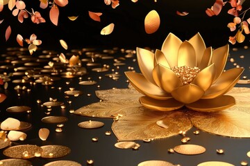 Golden Lotus Flower with Falling Petals on Black Background - Luxury and Elegance Concept