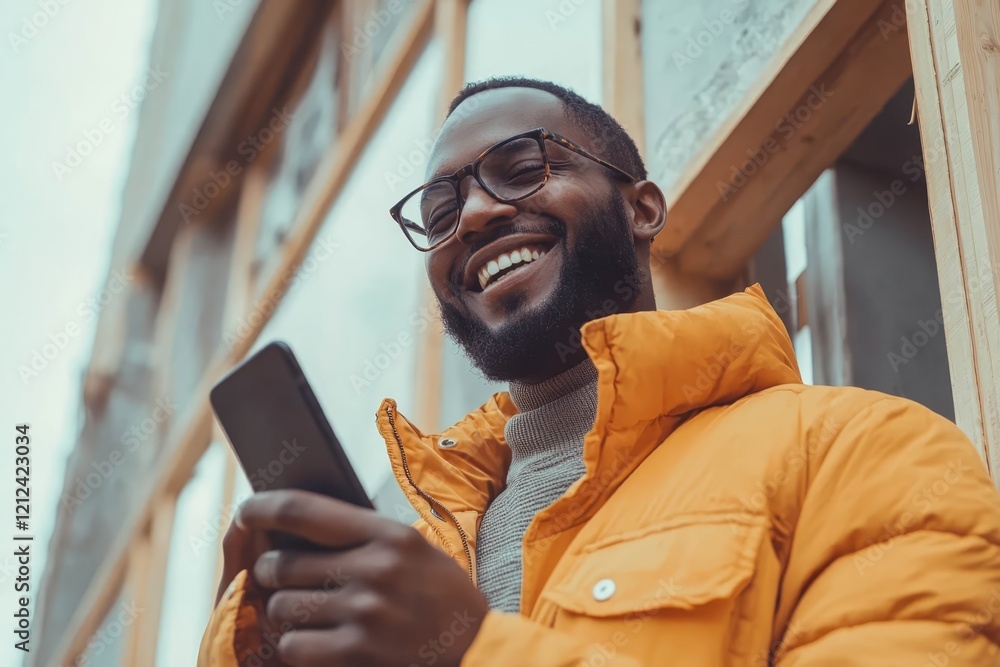 Poster smiling manual worker texting on cell phone while relaxing during house renovating process. copy spa