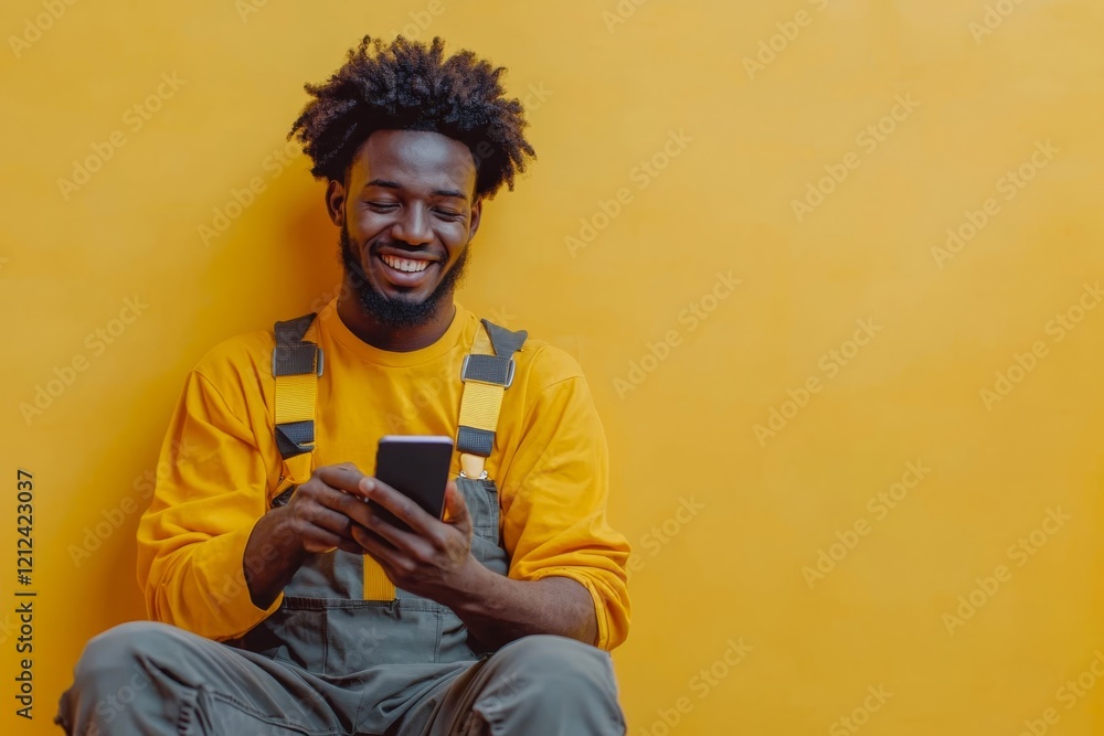 Aufkleber smiling manual worker texting on cell phone while relaxing during house renovating process. copy spa