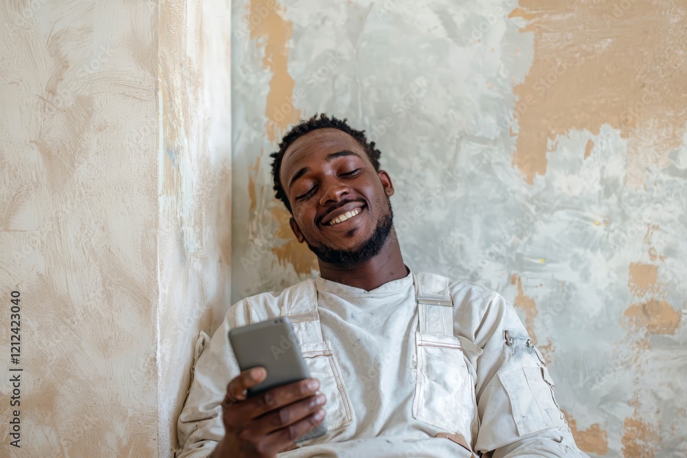 Poster smiling manual worker texting on cell phone while relaxing during house renovating process. copy spa