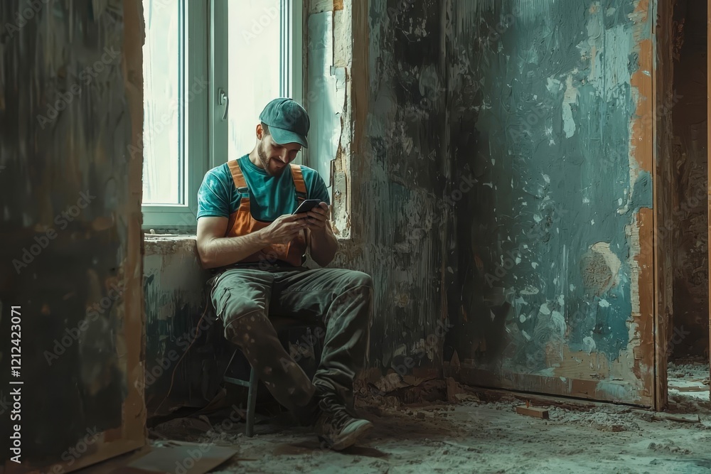Aufkleber smiling manual worker texting on cell phone while relaxing during house renovating process. copy spa