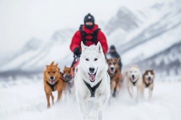 A Yukon dog sled team racing across a snowy trail, with the musher bundled up against the cold