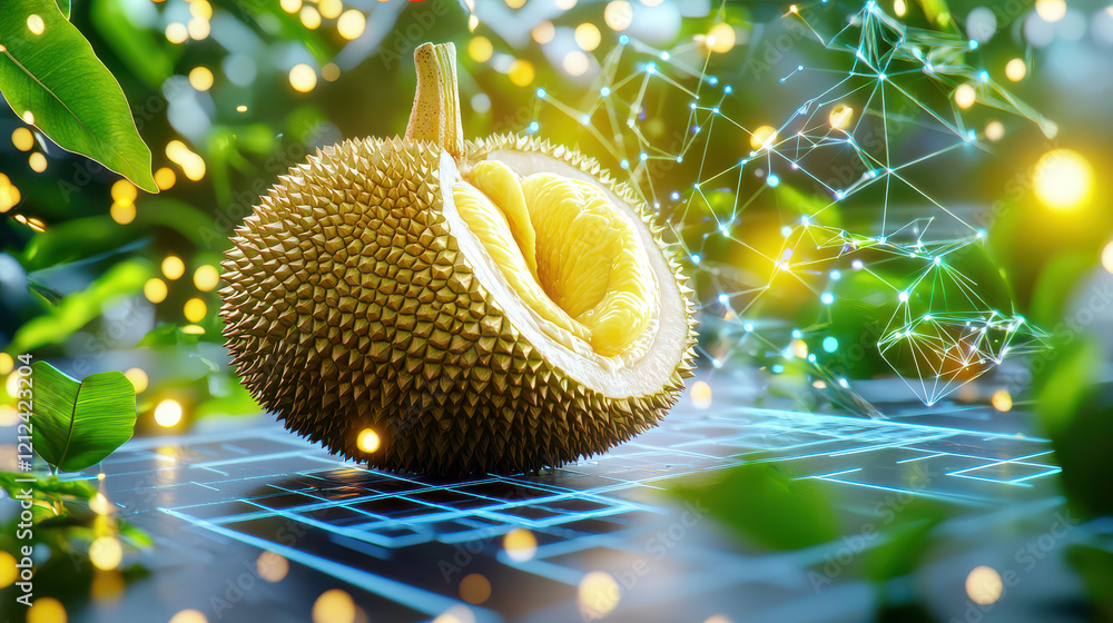 Aufkleber close up of durian in digital modeling environment, surrounded by vibrant greenery and glowing elements, showcasing its unique texture and color