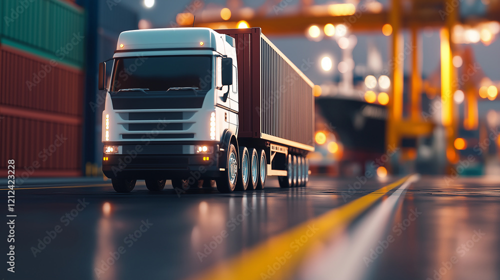 Poster a detailed image of a truck loaded with cargo containers, with cranes unloading more containers from
