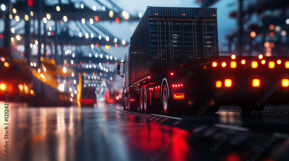 Poster a close-up of a truck driving through a busy port with containers loaded, surrounded by massive cran