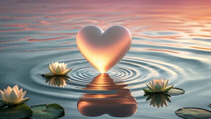 Heart Floating on Water with Lotus Flowers at Sunset