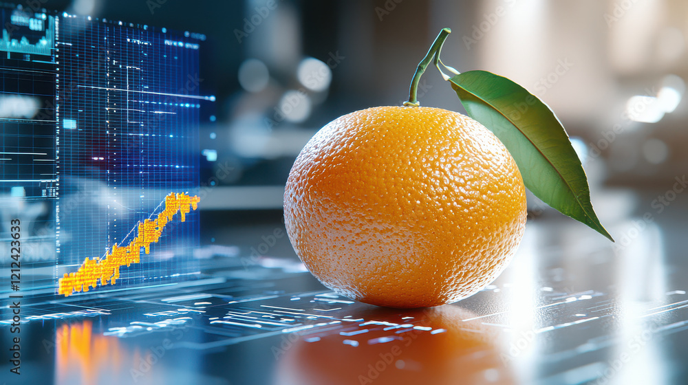 Poster close up of realistic digital model of orange with green leaf, set against futuristic background fea