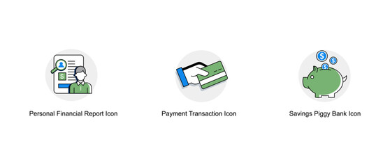 Financial Management Tools. Personal Financial Report Icon, Payment Transaction Icon, Savings Piggy Bank Icon