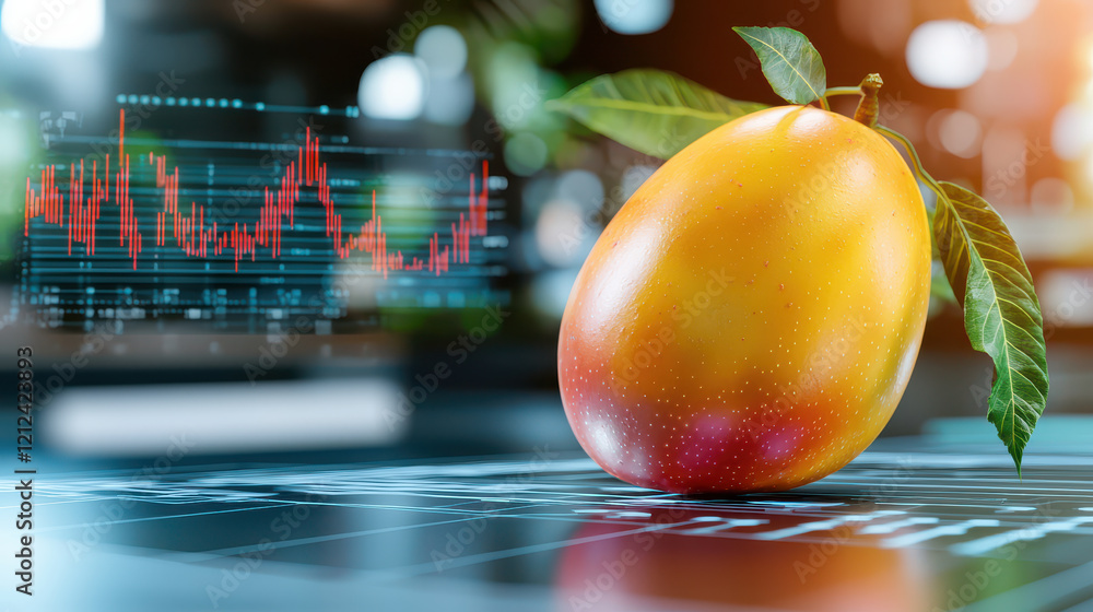 Poster ripe mango on digital modeling surface with data graphs in background, symbolizing freshness and tec