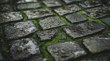 Exploring the Serenity of Moss-Covered Cobblestones Urban Setting Nature Tranquil Environment Ground-Level Viewpoint Organic Beauty