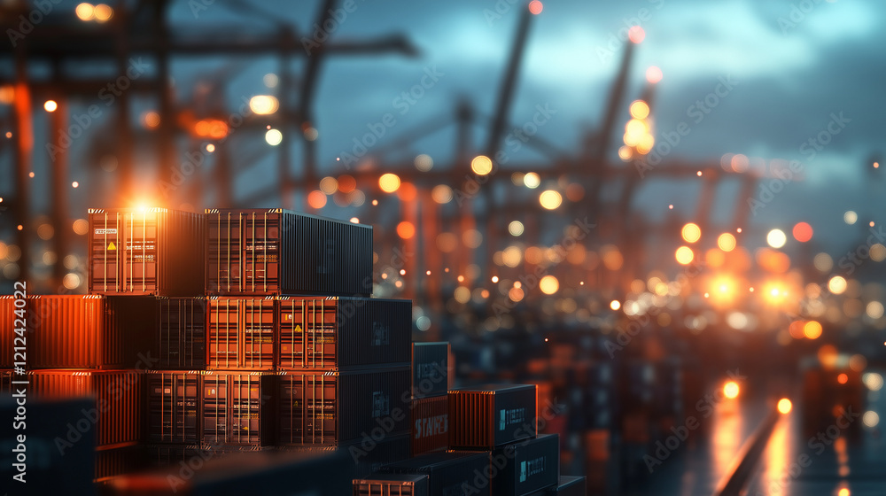 Poster a busy port filled with rows of cargo containers stacked high, cranes unloading cargo from ships, sy