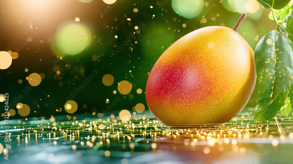 Poster close up of ripe mango with vibrant color, set in digital modeling environment, surrounded by sparkl