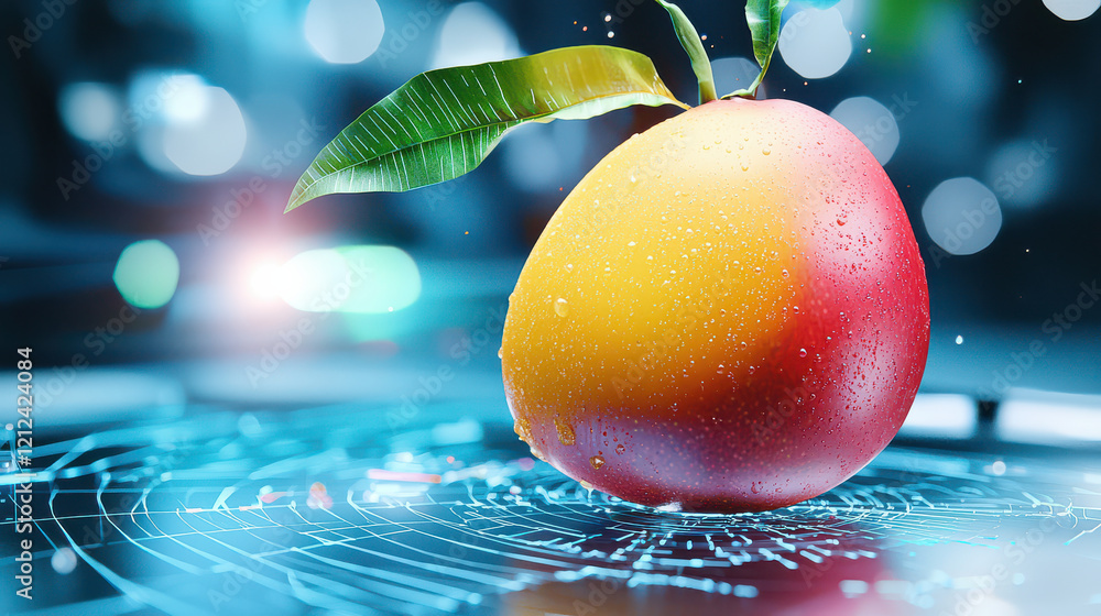 Aufkleber close up of ripe mango with droplets, set in digital modeling environment, showcasing vibrant colors and glossy texture. scene evokes freshness and modernity