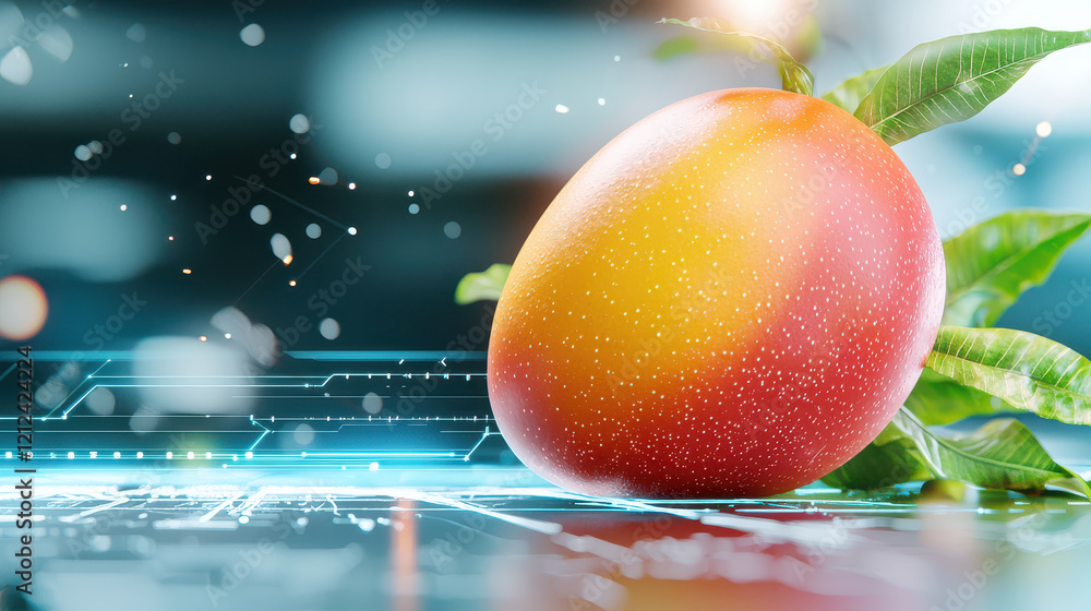 Poster close up of ripe mango with vibrant colors, set in digital modeling environment, showcasing blend of nature and technology. mango is surrounded by abstract digital elements