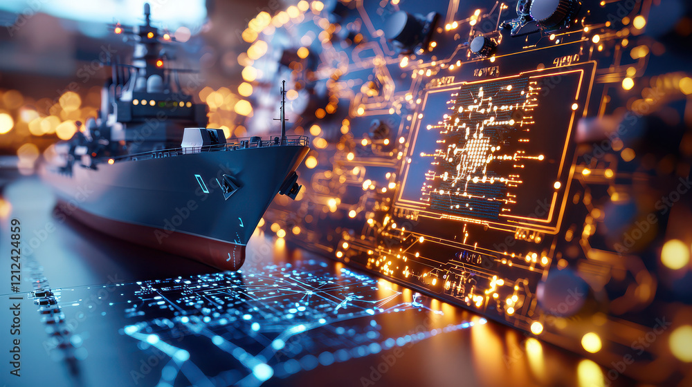 Aufkleber close up of ship alongside advanced technology, showcasing intricate circuit designs and glowing lig