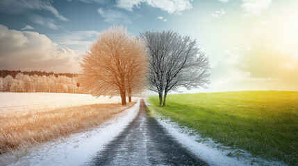 Seasonal transition of nature cycle spring winter. Seasonal shift temperature change blooming flower and  sunshine. Migration harvest of melting snow seasonal color of weather changing.