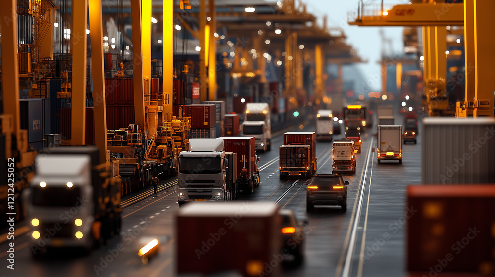 Poster a busy port scene with cranes unloading containers from ships, trucks driving by with cargo, and con