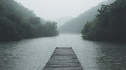 Rainy Day Reflections on a Serene River Dock Lush Mountains in the Background Calm Environment Wide Angle View Nature's Beauty