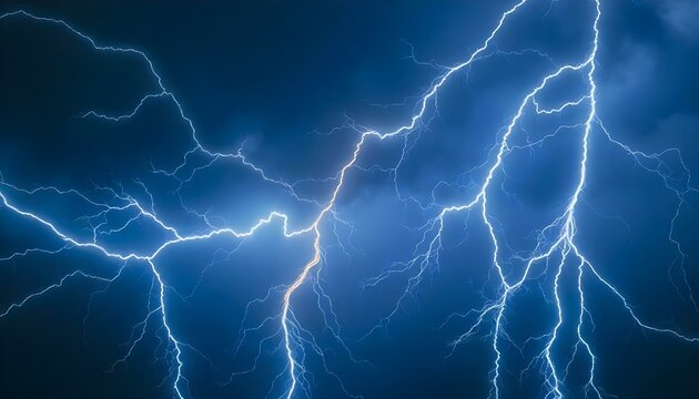 Dynamic blue and white lightning bolts cutting through a dark, stormy night sky