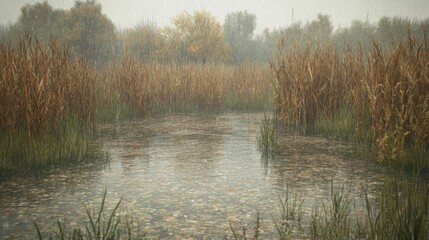 Fototapeta premium Rainy Day Reflections in a Serene Wetland Landscape Nature Tranquil Environment Autumn Vibes Close-Up Perspective