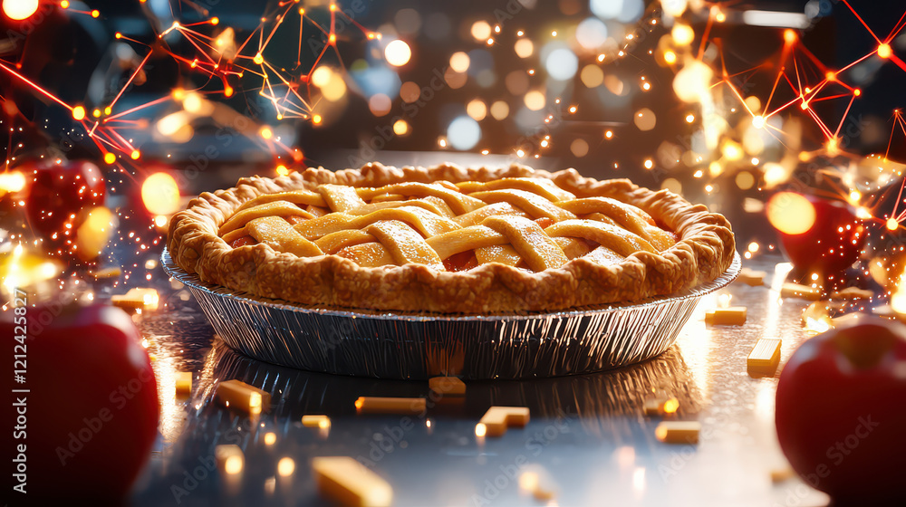 Aufkleber close up of delicious apple pie surrounded by sparkling lights and apples, creating festive atmosphere. golden crust and intricate lattice design highlight pie appeal