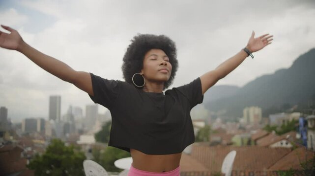 A Black Woman&rsquo;s Yoga Practice in the city Black Model Smiling Happy Relaxing