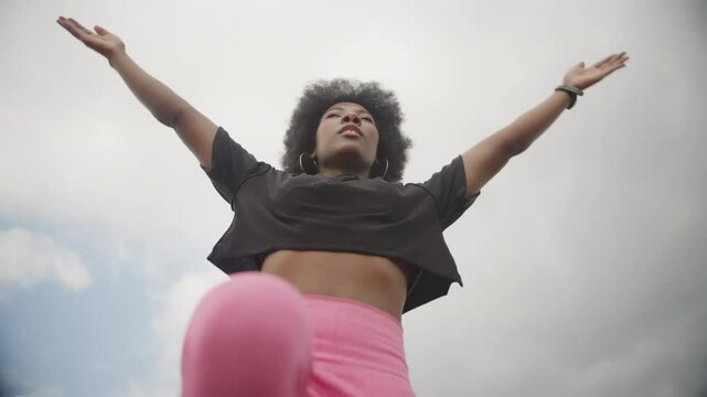 A Black Woman&rsquo;s Yoga Practice in the city Black Model Smiling Happy Relaxing